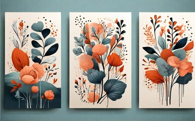 Abstract floral triptych wall art with orange and teal hues