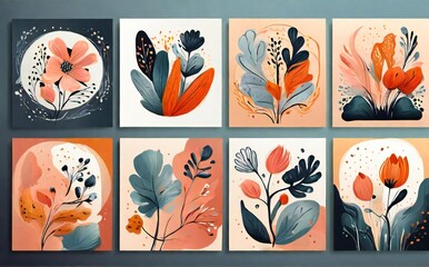 Collection of abstract floral and botanical illustrations with warm color palette