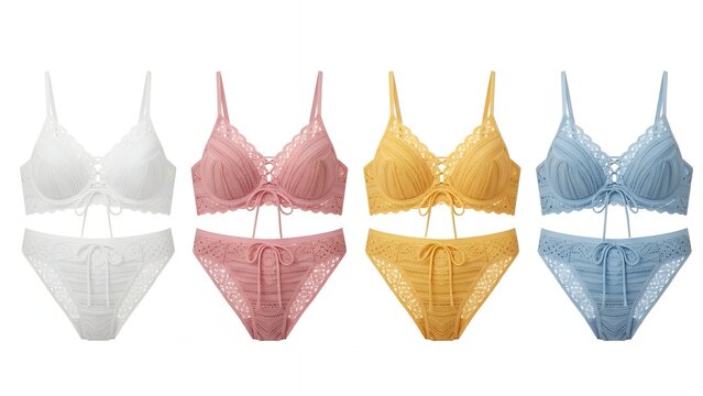 Four vibrant lace bralette and brief sets in white, pink, yellow, and blue, offering charming and comfortable intimate apparel, isolated on white background.