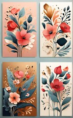 Four watercolor floral paintings with red and pink flowers and green leaves