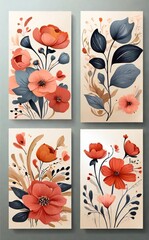 Four square watercolor floral paintings with vibrant orange and blue hues