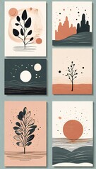 Collection of six abstract minimalist nature inspired illustrations with earthy tones
