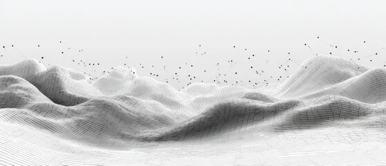 Grayscale landscape with wireframe hills and digital connections in the sky