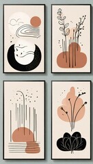Set of four abstract mid century modern botanical line art prints