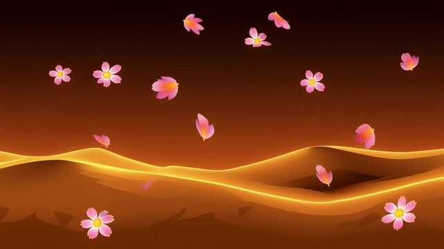 Cherry blossoms floating in the air over a wavy landscape at sunset.