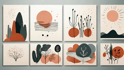 Collection of eight modern abstract minimalist art prints with earthy tones