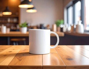 Fototapeta premium A white mug sits centered on a wooden table. Blurred background of a cafe shows shelves, greenery, and overhead lights