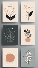 Six minimalist abstract floral and botanical art prints on a gray wall