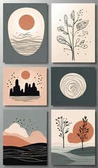 Abstract mid century modern art collection with organic shapes and botanical elements