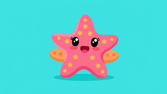 Adorable pink cartoon starfish character with happy face and yellow spots posing cheerfully on bright blue background ideal for children's educational content and fun summer themed projects