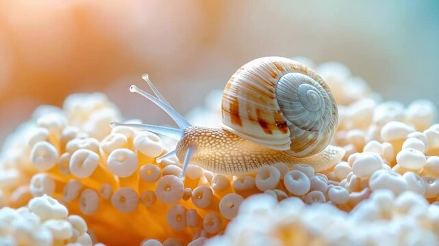 Macro close-up of a garden snail crawling on a textured surface