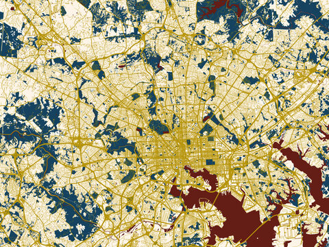 Abstract city map of Baltimore Metro, Maryland with gold street network with deep red water