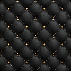 Fototapeta premium Quilted black leather pattern with golden studs in diamond arrangement, vintage style