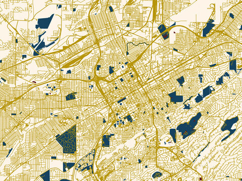 Decorative abstract map of Birmingham, Alabama, featuring warm gold street grid over a cream background with bold deep-red water areas