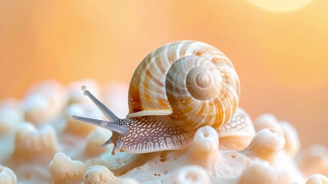 Macro shot of a garden snail with a spiral shell on textured surface