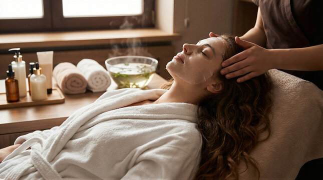 Relaxing facial treatment experience spa interior wellness session calm environment close-up view skin care concept