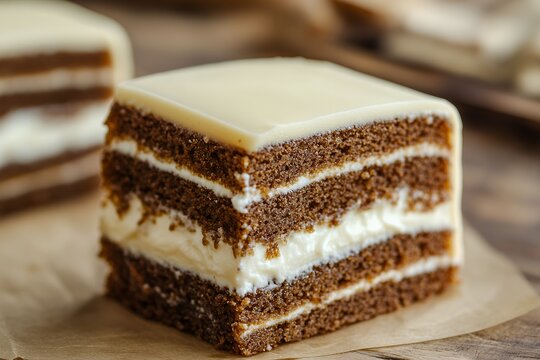 A square slice of layered Russian honey cake