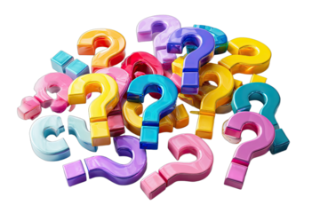A vibrant, glossy pile of colorful question mark symbols