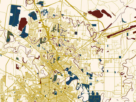 Flat city map of Brownsville, Texas in dark red water and warm gold roads