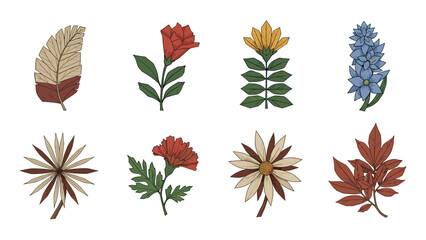 A set of colorful floral icons and leaves in a flat vector graphic design