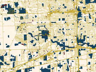 Fototapeta premium Minimalist map of Canton, Michigan, dark red water and warm gold roads