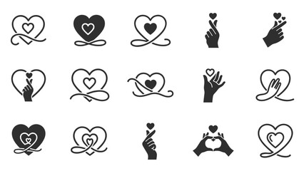 A set of black and white heart icons and illustrations in a minimalist flat design style