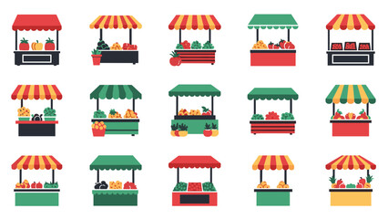 A colorful vector illustration of various food carts and market stalls with striped awnings