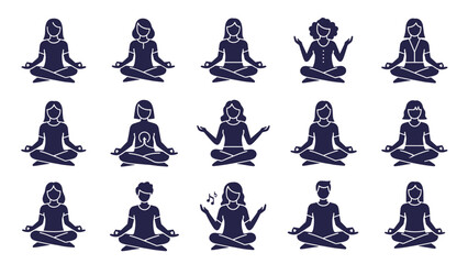 A set of minimalist yoga icons in a meditative pose with various hand gestures on a white background