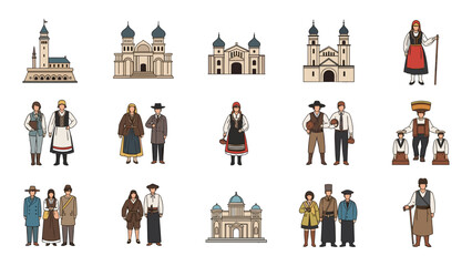 A set of colorful vector illustrations depicting traditional European architecture and people in folk clothing