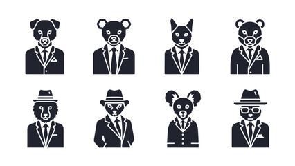 A set of eight animal icons in business attire with suits and hats