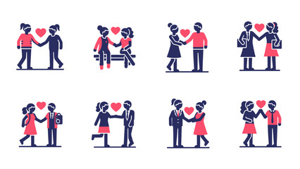 A set of vector illustrations depicting couples in love with hearts