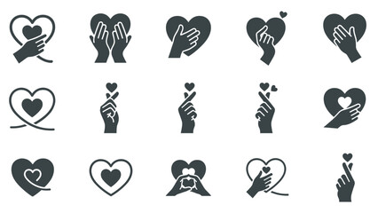 A set of black and white vector icons depicting hands and hearts in various designs