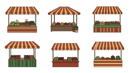 A set of colorful market stalls with striped awnings and various fruits and vegetables on display