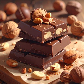 A stack of chocolate brownies with nuts on top and around