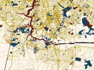Fototapeta premium Flat city map of Chesapeake, Virginia — warm gold street grid over a cream background with bold deep-red water areas