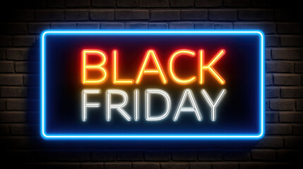 Obraz premium Black friday text glowing inside neon frame creating eye catching sale visual design