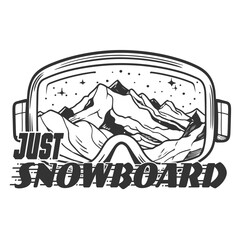 Scene of a snowy mountain in the reflection of snowboarding goggles.