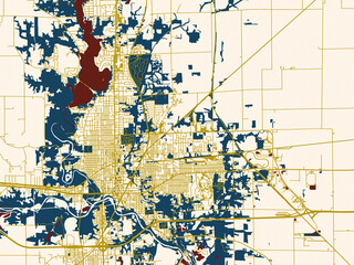 Naklejka premium Decorative abstract map of Dnavill, Illinois, featuring deep-red water with clean ivory streets and warm gold road lines on a soft cream background
