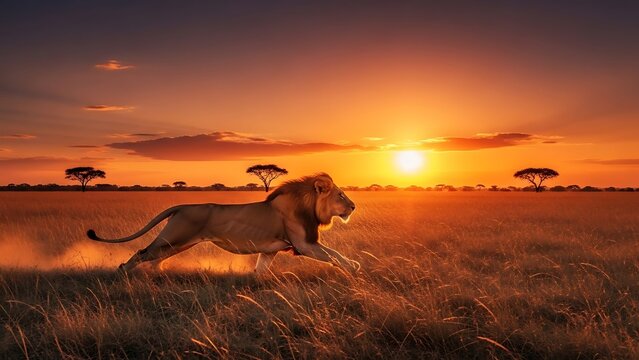 A magnificent male lion powerfully strides through the sun-drenched African savanna, silhouetted against a breathtaking golden sunset, embodying the raw beauty and untamed spirit of the wild