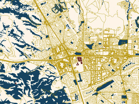 Flat city map of Dublin, California in midnight red and gold palette