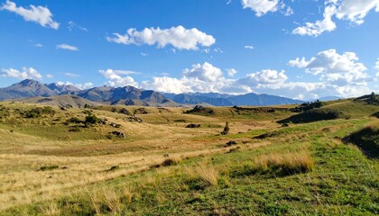 Obraz premium Scenic mountain landscape with meadow under blue sky