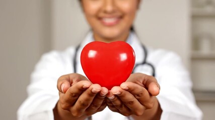 Caring healthcare professional, with a warm smile, presents a vibrant red heart, symbolizing love, health, and compassionate medical service, promoting wellness and well-being for patients
