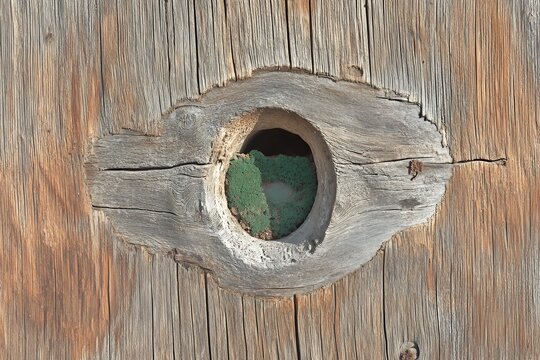 Close up of weathered wooden post with knothole
