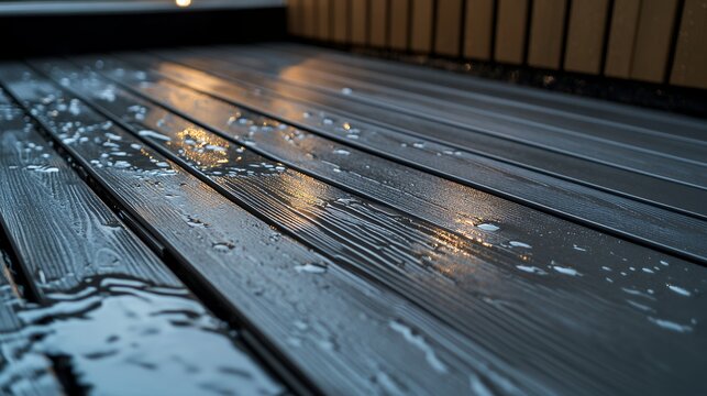 Close up of wet grey composite spa deck with water reflections