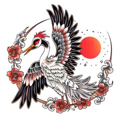 Fototapeta premium Tattoo illustration of a japanese crane illustrated waterfowl drawing.
