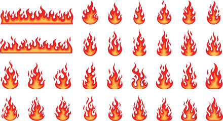 Flame icon set, fire symbols, stylized flames, gradient fire, cartoon fire, red orange yellow, heat design, burning elements, graphic flames