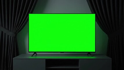 Modern television screen with vibrant green display for customizable content in a contemporary media room or home office environment, ideal for virtual presentations