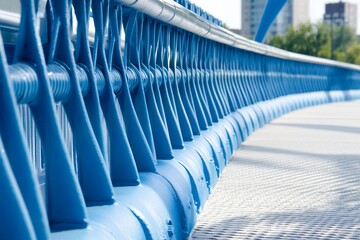 Blue metal railing with repeating geometric supports on a walkway