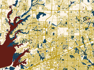 Fototapeta premium Flat city map of Frisco, Texas in midnight red and gold palette