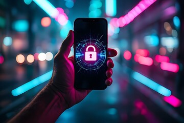 Person holding smartphone with glowing pink padlock icon representing digital security, cybersecurity, data protection, secure access control, mobile privacy, authentication, and futuristic online.